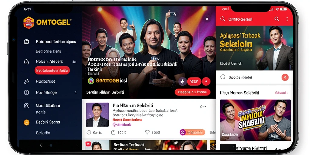 Tampilan antarmuka utama aplikasi OMTOGEL dengan berbagai berita selebriti.