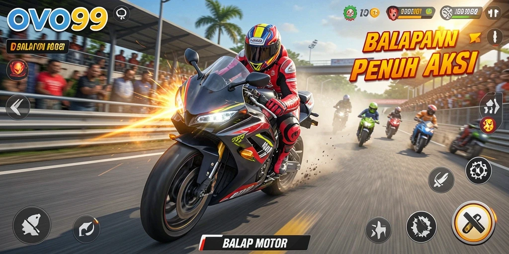 Tampilan antarmuka balapan motor OVO99 yang menarik dan interaktif.